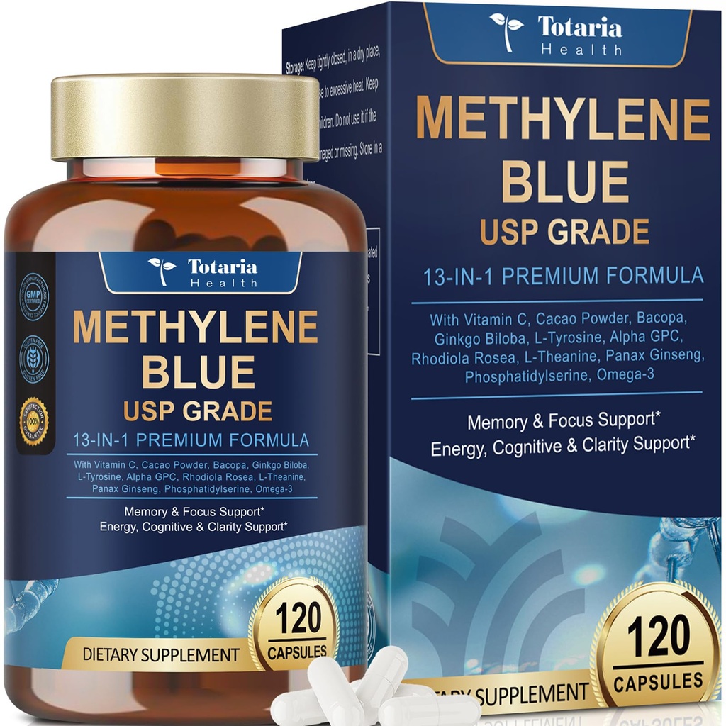 USP Methylene Blue Pharmaceutical Grade, Vitamin C Ester, Bacopa, Phosphatidylserine, Omega-3 Fatty Acids - 13 in 1 Upgrade Patented Brain Formula - Memory, Focus, Clarity, Cognitive, 120 Count