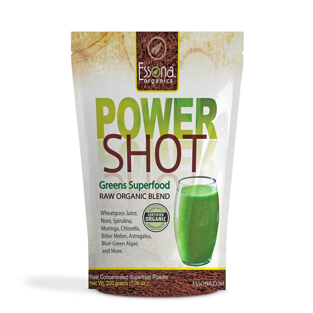100% Pure - Raw Organic Vegan - Power Shot Greens Superfood Blend - Spirulina, Chlorella, Wheat Grass, Blue-Green Algae, Kale, More! - 60 Servings from Essona Organics, Powder - 180 GMS. Order Now.