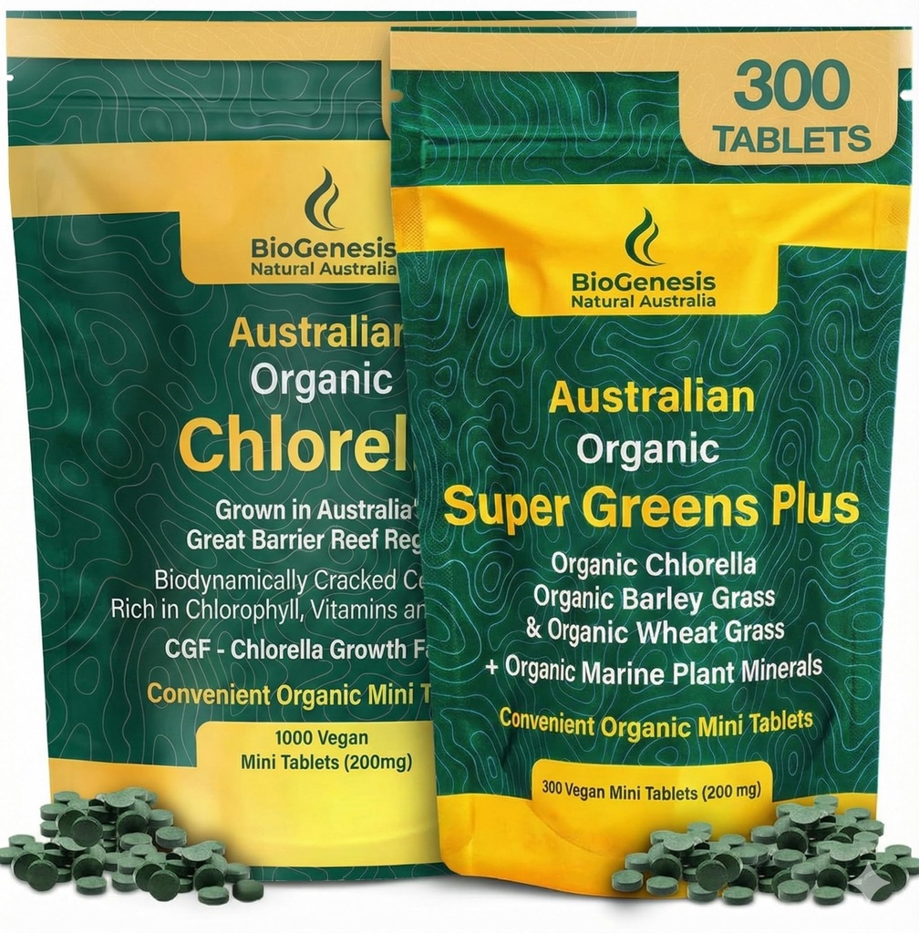 Biogenesis BioDynamic Wellness Collection– Organic Chlorella (1000 Count) & SuperGreens Plus (300 Count) – 200mg Mini Tablets | Rich in Chlorophyll, Wheatgrass & Barley Grass | Vegan Energy, Detox & I