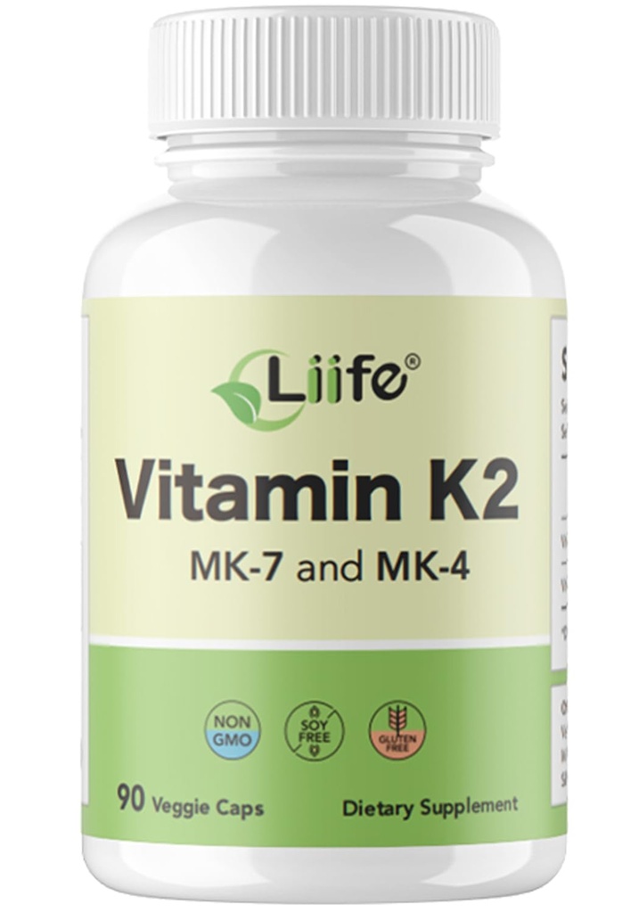 LIIFE Vitamin K2 600mcg Supplement with MK-7 100mcg & MK-4 500mcg,90 Vegetable Capsules for Bone & Cardiovascular Health | Non-GMO & Gluten Free