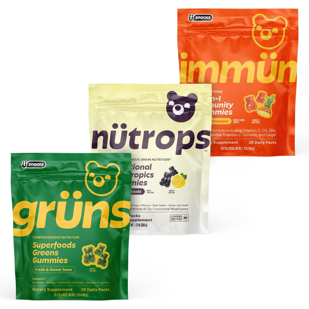 Grüns Immunity Gummies, Lions Mane Mushroom Gummies & Super Greens Multivitamin Gummies Bundle