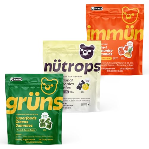 Grüns Sugar Free Immunity Gummies, Lions Mane Mushroom Gummies & Super Greens Multivitamin Gummies Bundle