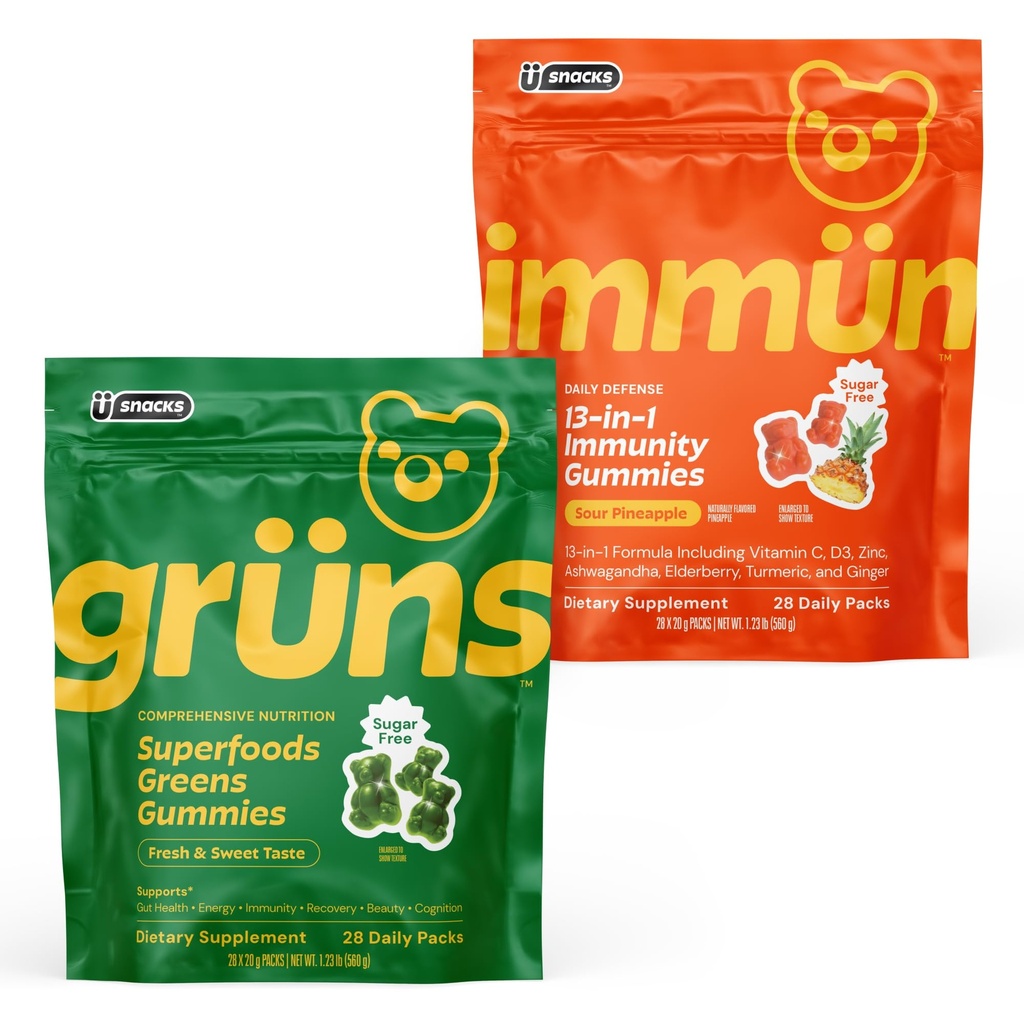 Grüns Sugar Free Immunity Gummies & Super Greens Multivitamin Gummies Bundle - Digestive & Immune Support Supplement