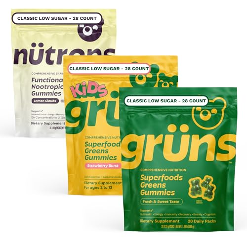 Gruns Complete Nutrition Variety Pack Bundle, for Less! 28 Count Packs of Adult Super Green Vitamins, Kids Superfood Greens Gummies, and Nutrops Supplements.