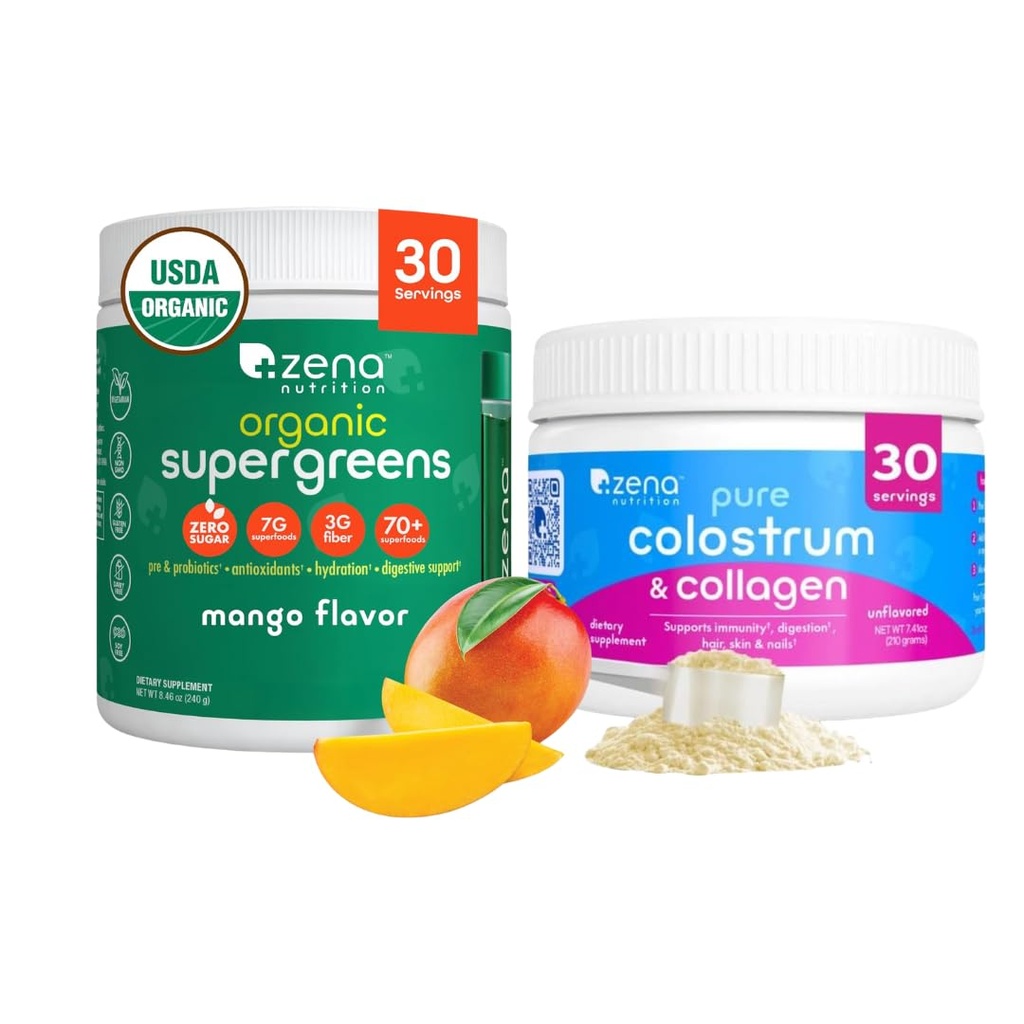 Zena Nutrition Organic Supergreens Greens Powder, 70+ Superfoods, Mango, 30 Servings + Bovine Colostrum & Collagen Powder Supplement, Supports Immunity, Digestion, Hair, Beauty,