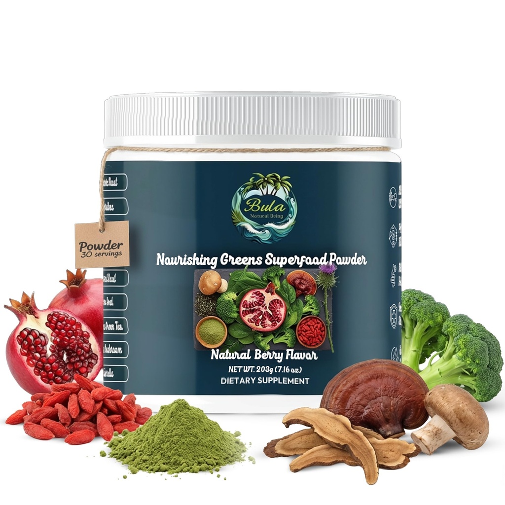 Bula Nourishing Greens Superfood Powder 213g – 30 Servings, Antioxidant-Rich, Vegan, Non-GMO, with Spirulina, Chlorella, Beetroot, Probiotics, Energy & Immunity Boost
