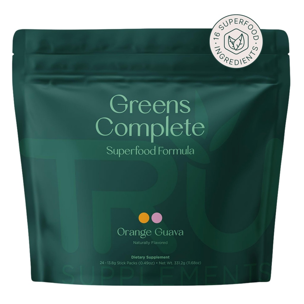 TRU Supplements Greens Complete Superfood Powder with 8 Organic Greens, Ginger, Turmeric, Beets, Fiber & Digestive Enzymes, Superfood Drink Mix for Natural Energy, Digestion & Wellness, 24 Servings