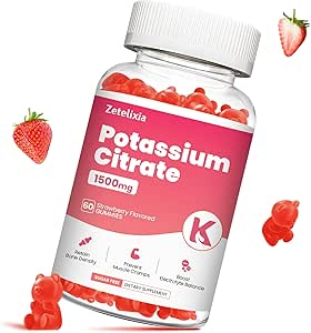 Potassium Gummies for Adults Women & Men, Potassium Citrate Supplement, Support Leg Cramps, Muscle Health & Electrolyte Balance, Sugar Free, Organic, Vegan, Strawberry, 60 Cts