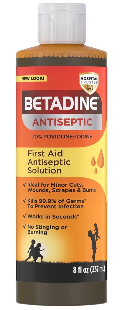 Betadine Antiseptic Πρώτες Βοήθειες Λύση, Povidone-iodine 10%, Προστασία Μόλυνσης, Σκοτώνει τα μικρόβια Σε μικρές περικοπές Σκραπς και εγκαύματα, Χωρίς υπόσχεση sting, Χωρίς Αλκοόλ ή Υδρογόνο Υπεροξείδιο, 8 FL OZ