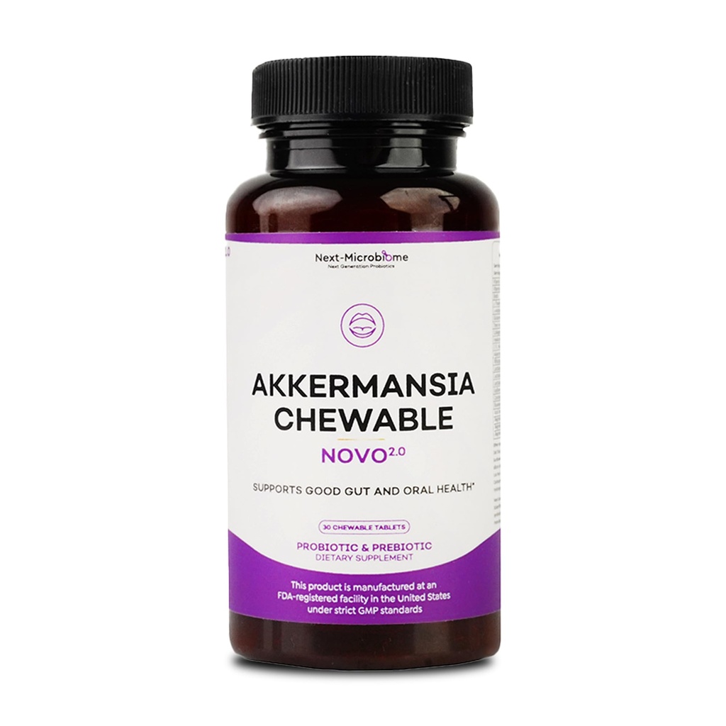 Chewable Akkermansia Probiotic and Prebiotic Supplement NOVO 2.0 with HMO, Supports Gut and Oral Microbiome, Supplements for Digestive Health and Skin Vitality, Targeted Delivery, 30 Tablets