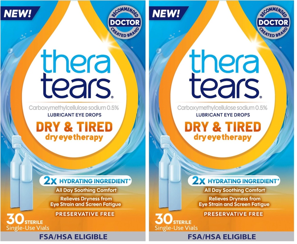 TheraTears Dry & Tired Preservative-Free Eye Drops for Dry Eye Relief and Daily Eye Care, 30 Single-Use Vials (Pack of 2)