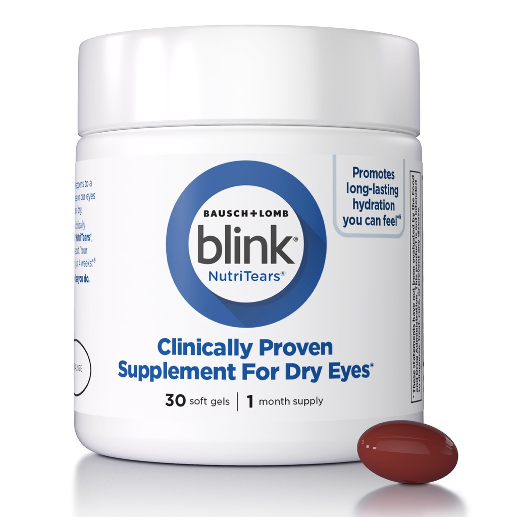 BLINK NutriTears Clinically Proven Supplement for Dry Eyes, Eye Care with Lutein & Zeaxanthin and Vitamin D to Hydrate Eyes from Within for Long-Lasting Relief, 30 Day Supply, 1 Softgel Per Day
