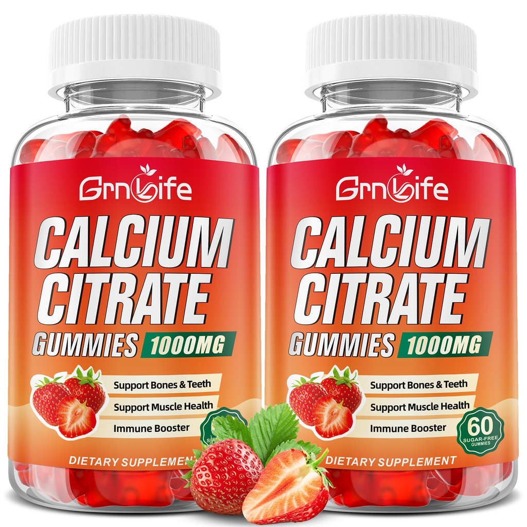 2 Συσκευασία Ασβέστιο Κιτρικό Gummies, Χωρίς ζάχαρη Κιτρικό Ασβέστιο 1000mg για τους μυς υγιή, Απορρόφηση Συμπληρώματα ασβεστίου για ενήλικες & παιδιά, Φράουλα, 120 Count