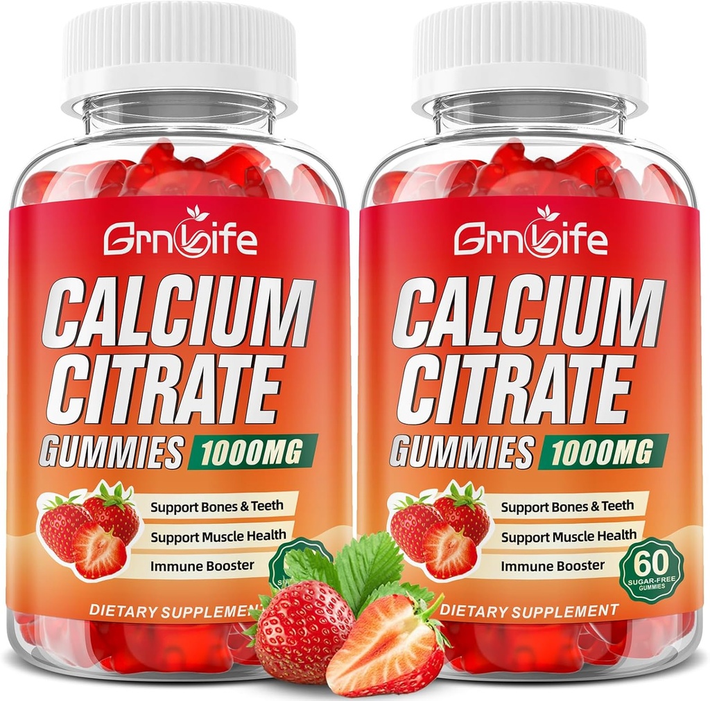 2 Pack Calcium Citrate Gummies, Sugar Free Calcium Citrate 1000mg for Muscle Healthy, Absorption Calcium Supplements for Adults & Kids, Strawberry, 120 Count