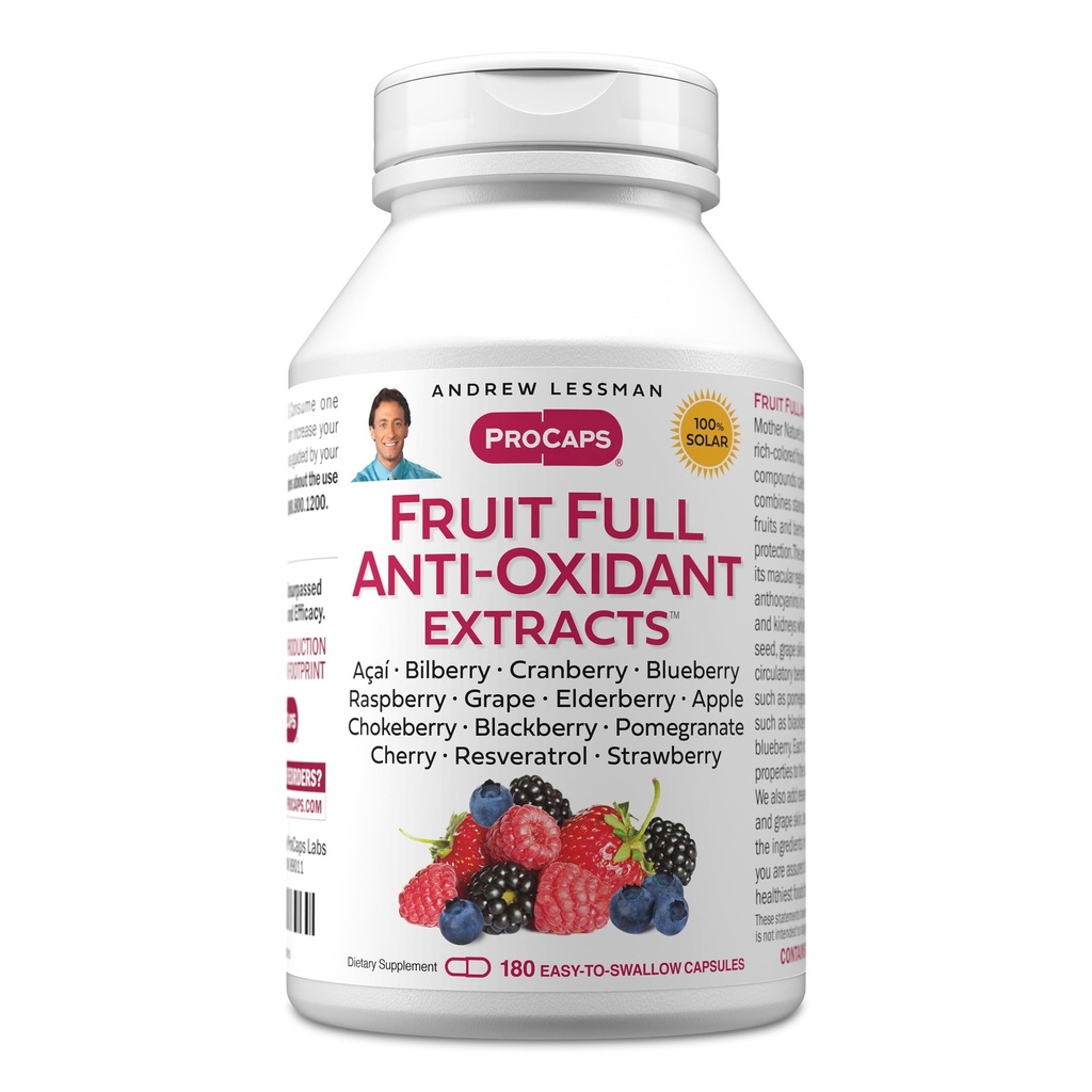 ANDREW LESSMAN Fruit Full Anti-Oxidant Extracts 180 Capsules - 14 Natural Fruit and Berry Extracts. Bilberry, Cranberry, Grape Seed, Pomegranate, Resveratrol, and More. Easy to Swallow Capsules