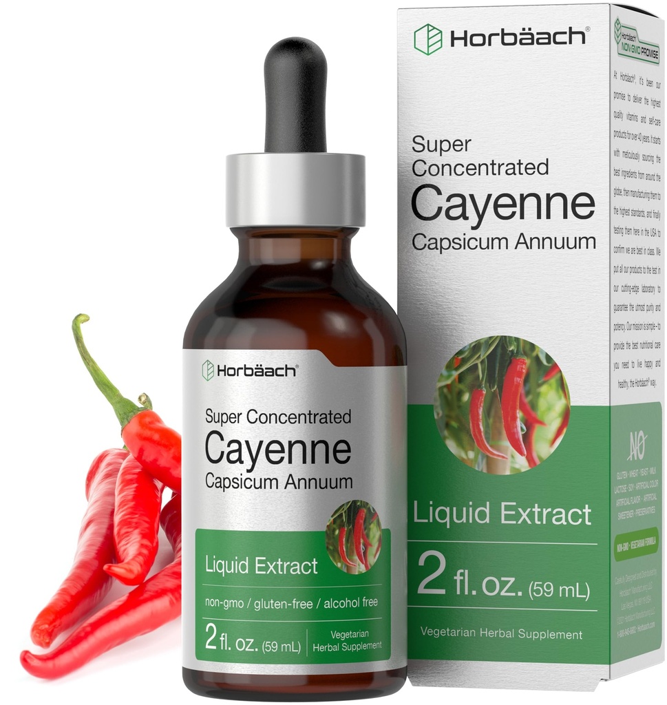 Horbaach Cayenne Pepper Drops | 2 fl oz | Liquid Extract | Alcohol Free Tincture | Vegetarian, Non-GMO & Gluten Free Supplement
