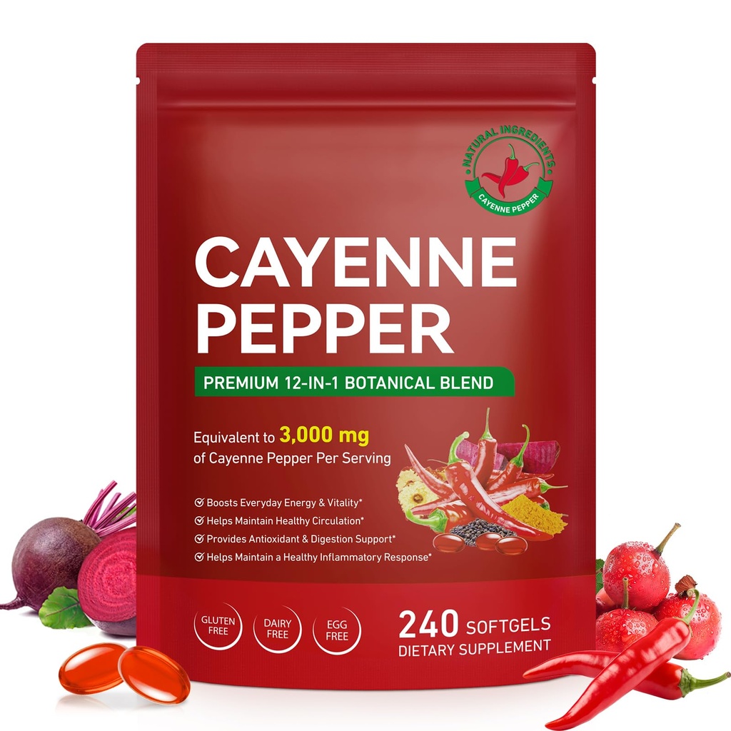 Cayenne Pepper Softgels Supplement | 12-in-1 per Serving with Vitamins D3, K2 & E | Supports Healthy Circulation & Daily Energy | Features Hawthorn, Beetroot & Turmeric | 240 Capsules