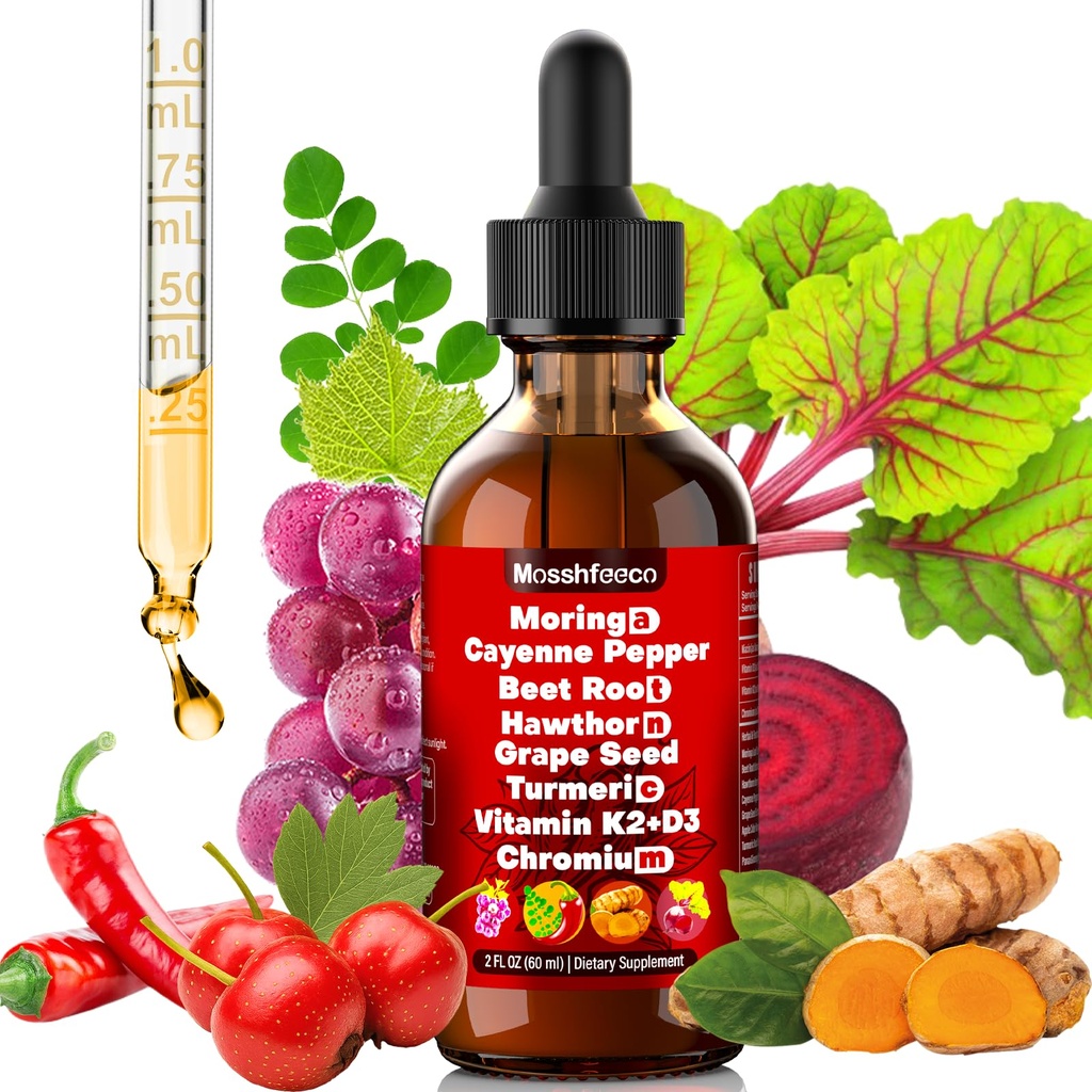 Cayenne Pepper Drops, Liquid Organic Cayenne Pepper, Cayenne Health Supplements, with Beet Root, Moringa, Hawthorn Berry, Grape Seed, Turmeric, Ginseng & Vitamin K2 D3-Vegan, Plant-Based, 2oz