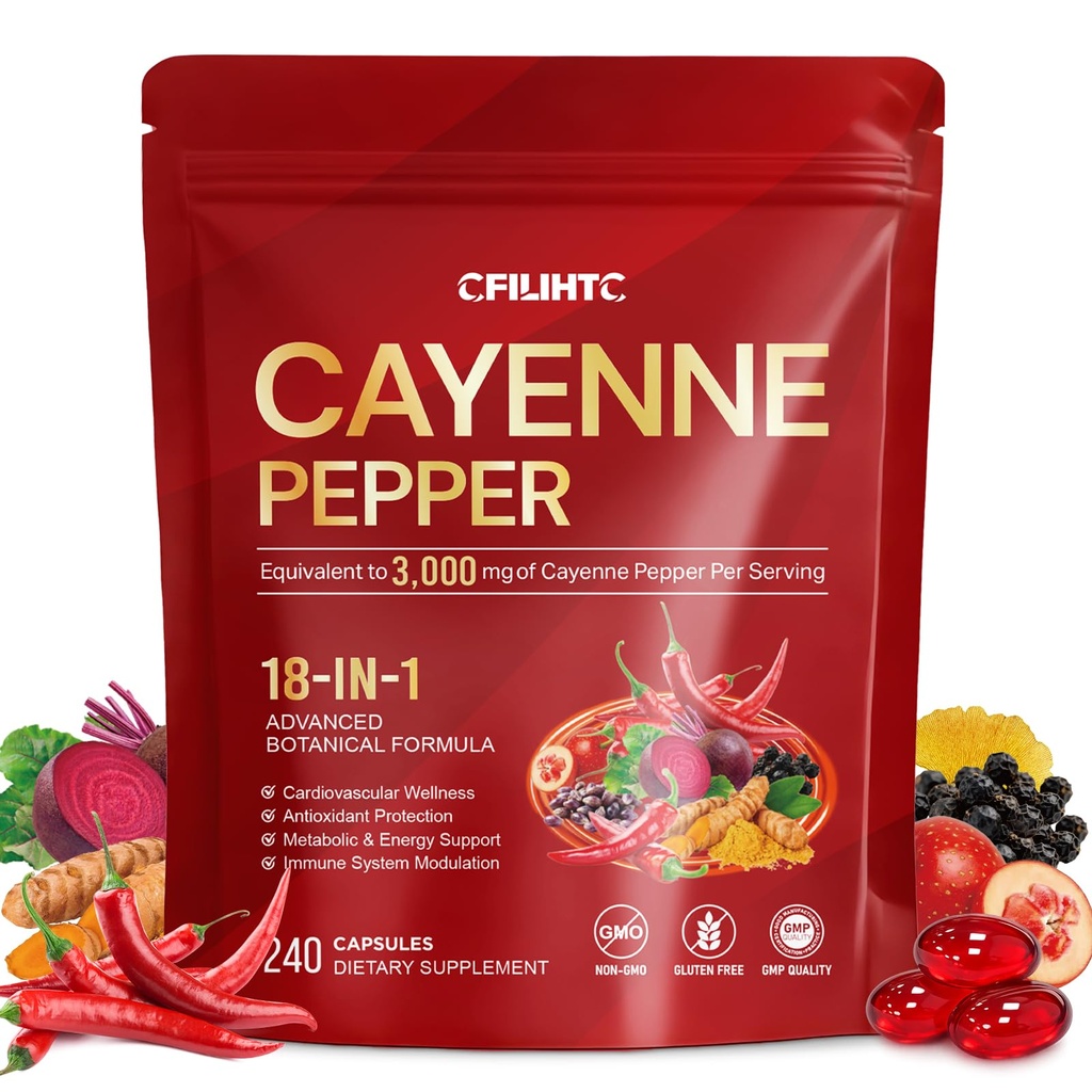 Cayenne Pepper Capsules Supplement | 18-in-1 3000 mg per Serving with CoQ10, Vitamins D3, K2, E & Beetroot | Supports Healthy Circulation, Antioxidant Protection, Metabolism Function* | 240 Capsules