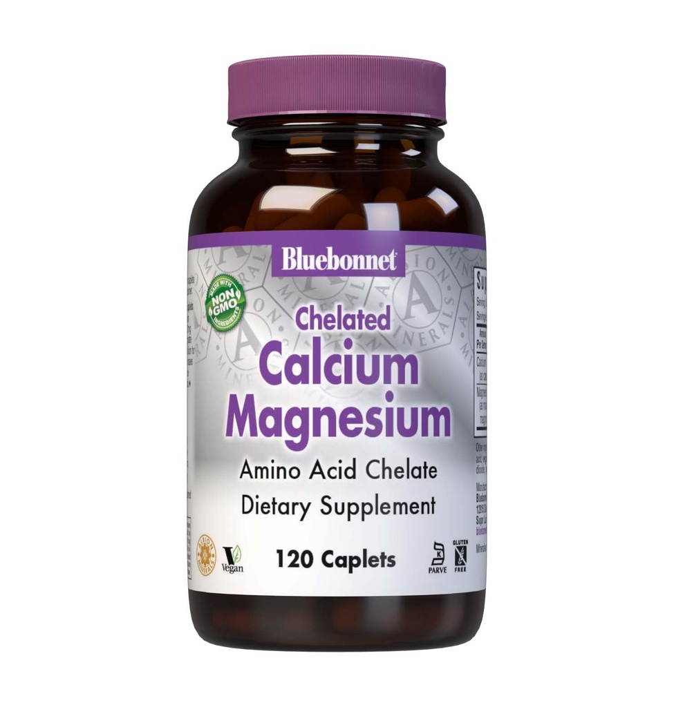 Bluebonnet Albion Calcium Magnesium Chelate Complex - Bone Health Supplement for Women & Men - Calcium 500mg & 200mg Magnesium Blend of Bisglycinate & Oxide - Non-GMO, Vegan Cal Mag - 120 Caplets