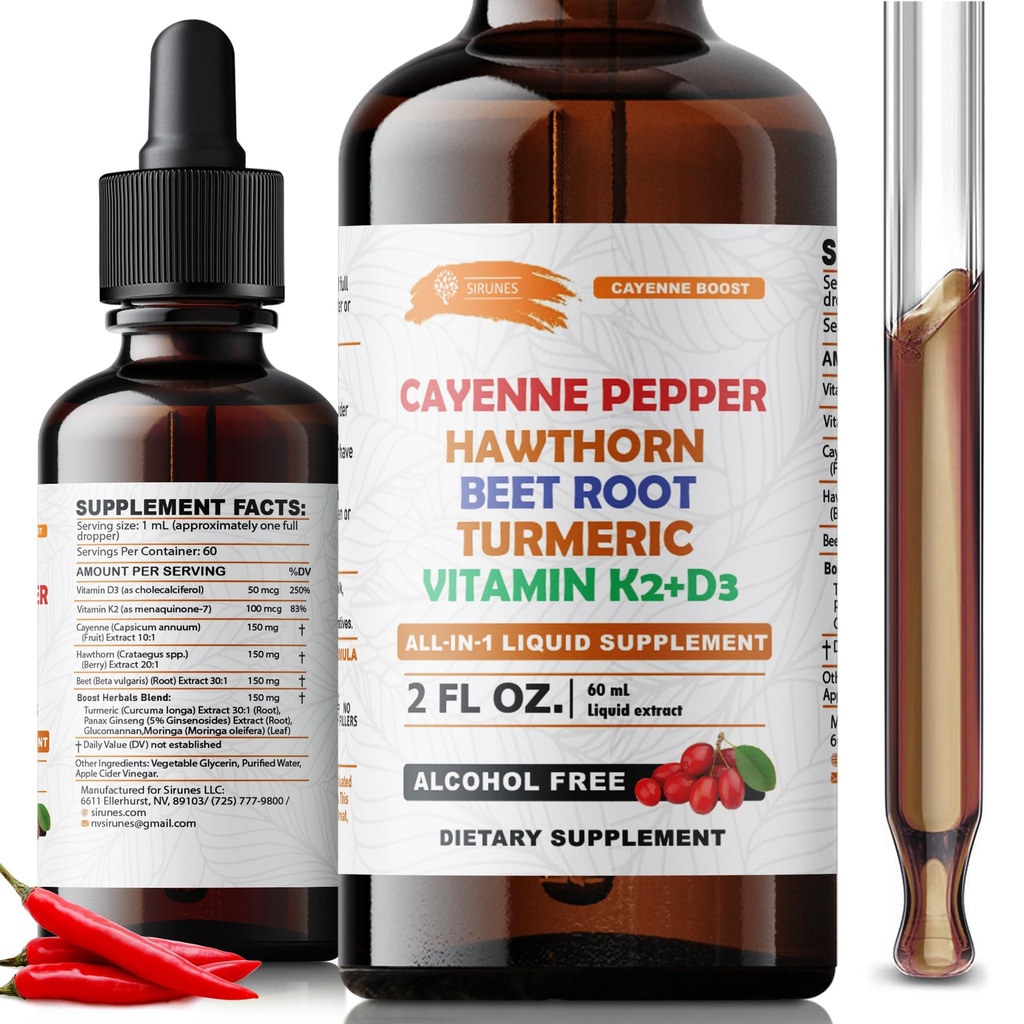SIRUNES Cayenne Pepper Drops with Hawthorn Beet Root Turmeric Vitamin K2+D3 Liquid Supplement, Alcohol Free, 2 FL OZ, 60 Servings