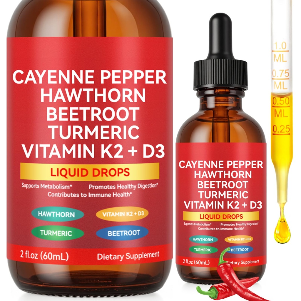 Cayenne Pepper Drops, Cayenne Pepper Supplement Liquid with Hawthorn,Beetroot,Turmeric Curcuma Longa Root(30:1),Vitamin K2 + D3, Cayenne Extract 10:1-100mg, 2 Oz