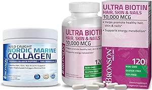 Bronson Marine Collagen Peptides Hydrolyzed Protein Powder + Ultra Biotin 10.000 McG Hair Skin and Nails Supplement