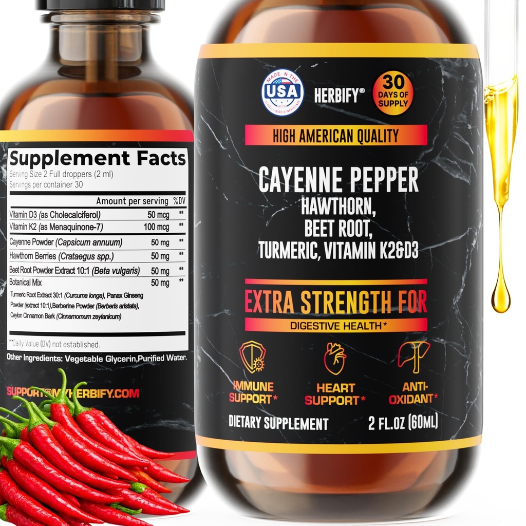 HERBIFY Cayenne Pepper Drops - Immune Support Supplement - Detox & Digestion Support - Cayenne Pepper Hawthorn Beet Root Turmeric Vitamin K2 D3 - Energy Supplements Extract - 2 Fl Oz - Made in USA