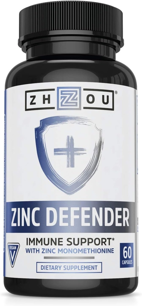 Zhou Zinc Defender - Συμπληρώματα ψευδαργύρου για άνδρες και γυναίκες, 30mg ανά υπηρεσία για την ανοσοποιητική υγεία και την ορυκτή υποστήριξη, Pure Vegan Formula - 60 κάψουλες