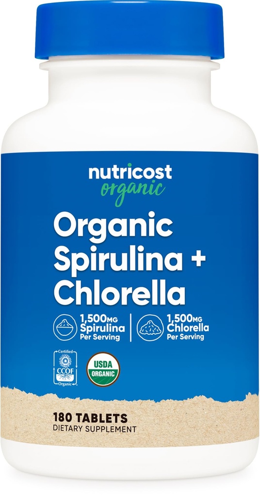Nutricost Organic Spirulina + Chlorella (3,000mg) 180 Tablets - USDA Organic, 1,500mg Spirulina, 1,500mg Chlorella, Vegan, GMO-Free, Gluten-Free, 30 Servings