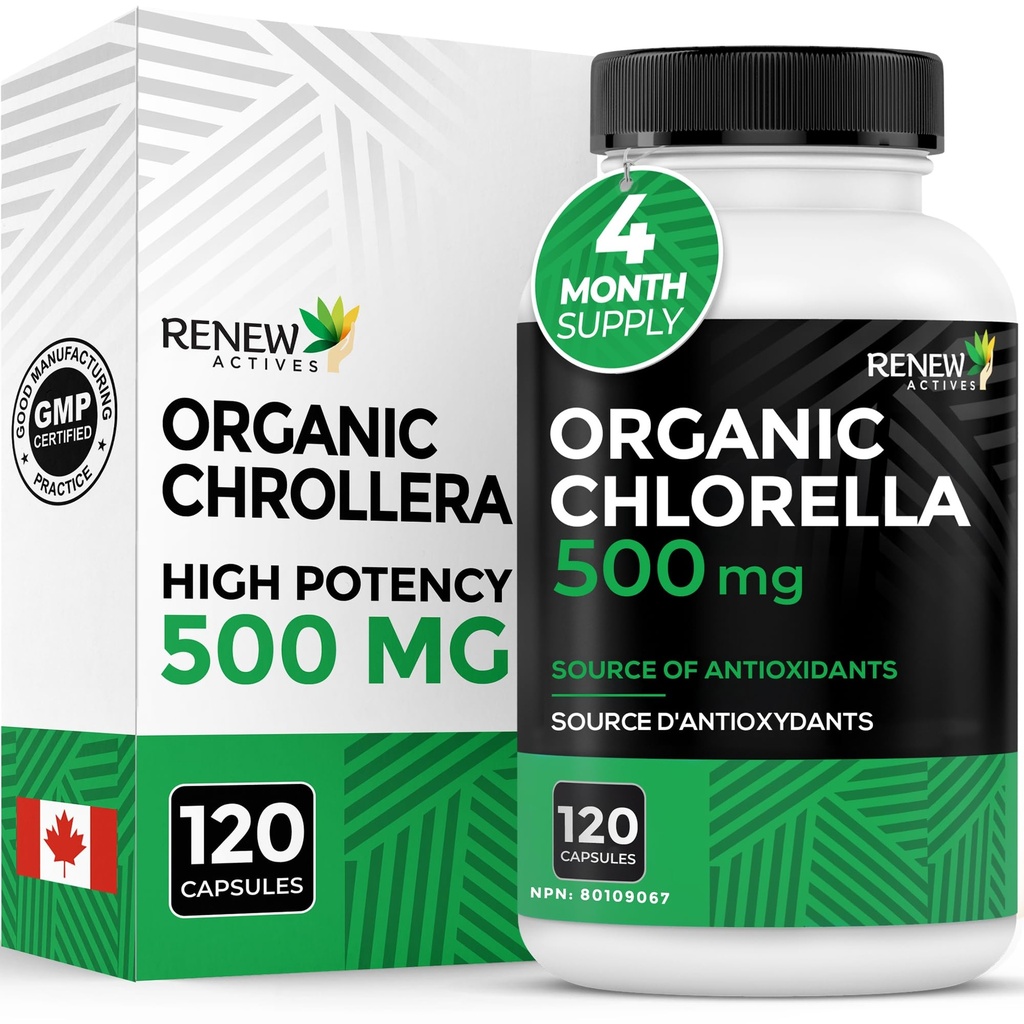 Renew Actives Chlorella Capsules 1000MG per 2 Capsules - Rich in Antioxidants & Nutrients - Natural Source for Cellular Health, Vitality, & Wellness - Made in Canada - 120 Capsules