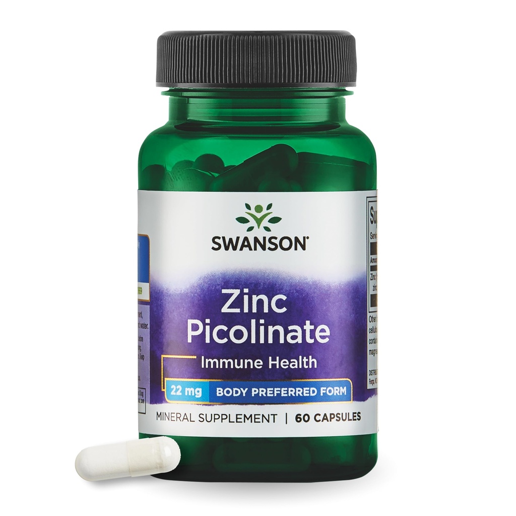 Swanson Zinc Picolinate - Συμπλήρωμα Ορυκτών Προωθώντας την υγεία του προστάτη, την υγεία του οράματος, & την υποστήριξη του ανοσοποιητικού - Προτιμώμενη μορφή σώματος χημικού ψευδαργύρου - (60 κάψουλες, 22mg έκαστο)