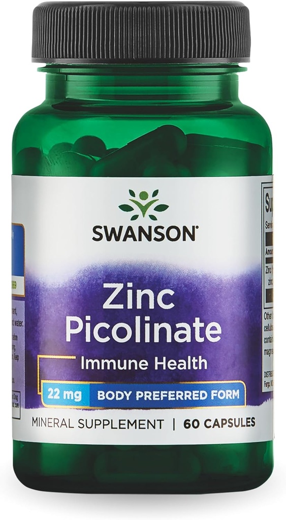 Swanson Zinc Picolinate - Mineral Supplement Promoting Prostate Health, Vision Health, & Immune Support - Body Preferred Form of Chelated Zinc - (60 Capsules, 22mg Each)