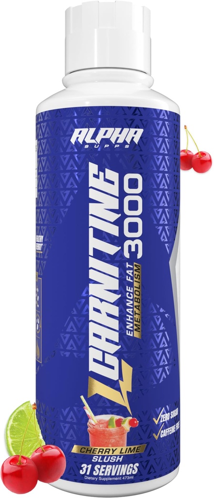 Alpha Supps L-Carnitine Liquid 3000 | Stimulant-Free Fat Burner Supplement for Men & Women | Pre-Workout Energy Boost & Muscle Recovery | Zero Sugar, Fat, & Carbs | 31 Servings (Cherry Lime Slush)