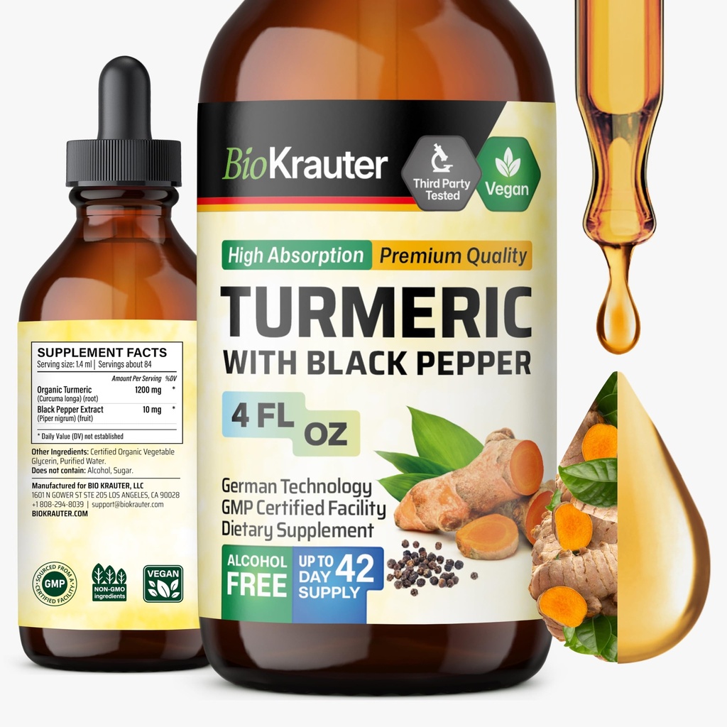 BIO KRAUTER® Turmeric Supplement for Mobility Support - Pure Vegan Curcumin with Black Pepper 4 Fl.Oz 42 Days of Supply - Curcumin Drops 1200 mg for Antioxidant & Immune Support - Alcohol & Sugar Free