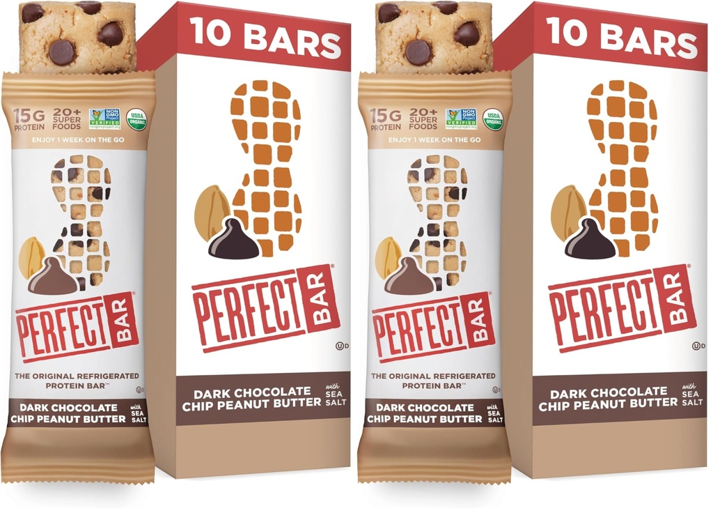 Perfect Bar, Dark Chocolate Chip Peanut Butter Protein Bar, High Protein, Organic, Gluten Free, Soy Free, Non GMO, No Sugar Alcohols, 2.3 Ounce Bar, 10 Count (Pack of 2)