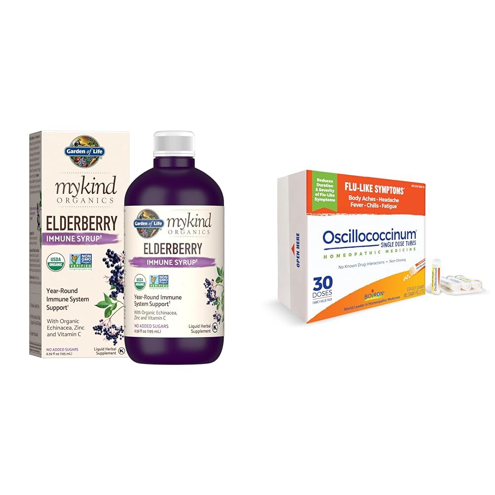 Κήπος της Ζωής Βιολογικά Φυτά με βάση Elderberry Immune Syrup 6.59 fl oz (195 ML) & Boiron Oscillococcinum για την ανακούφιση από τα συμπτώματα της γρίπης