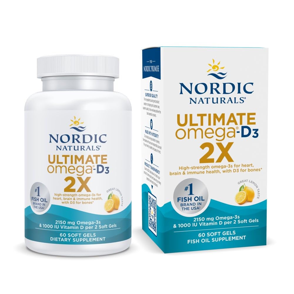 Nordic Naturals Ultimate Omega 2X with Vitamin D3, Lemon Flavor - 60 Soft Gels - 2150 mg Omega-3 + 1000 IU D3 - EPA & DHA - Εγκέφαλος, καρδιά, & ανοσοποιητική υγεία - 30 Υπηρεσίες