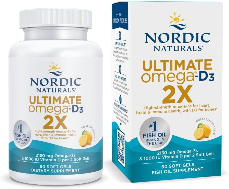 Nordic Naturals Ultimate Omega 2X with Vitamin D3, Lemon Flavor - 60 Soft Gels - 2150 mg Omega-3 + 1000 IU D3 - EPA & DHA - Εγκέφαλος, καρδιά, & ανοσοποιητική υγεία - 30 Υπηρεσίες