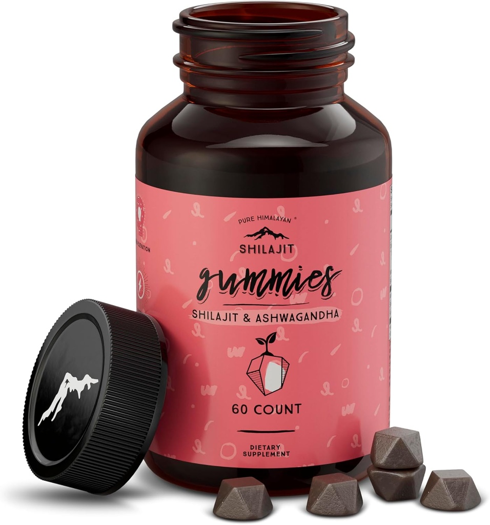 Αμιγώς Χειμαλαϊκά Shilajit Gummies, Χωρίς ζάχαρη, 85+ Trace Minerals & Fulvic Acid για την ενέργεια, Μεταβολισμός & Ανοσολογική Υποστήριξη, Shilajit για άνδρες & γυναίκες, Ashwaghanda Gummies (60 κόμης)