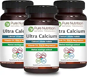 Pure Nutrition Ultra Calcium 1000mg with VIT D3 + K2 | 270 Tabs (90 X Pack of 3) | Highly absorbable Calcium Supplement with Calcium Citrate Malate, VIT D3, K2, Moringa Oleifera, Magnesium and Zinc.