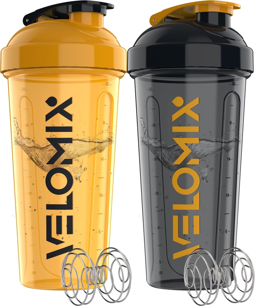 VELOMIX -2 Pack- 28 oz Protein Shaker Bottles for Protein Mixes - 2x Wire Whisk | Leak Proof Shaker Cups for Protein Shakes and Pre Workout | Protein Shaker Bottle Pack (A8) Golden Stone