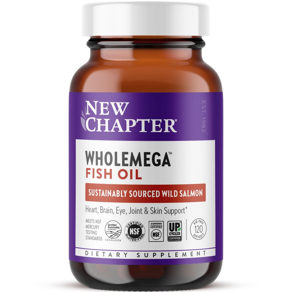 New Chapter Wholemega Fish Oil Supplement - 2000mg per Serving, Clinically Proven Wild Alaskan Salmon Oil with Omega-3 + Vitamin D3 + Astaxanthin, 120 Softgels