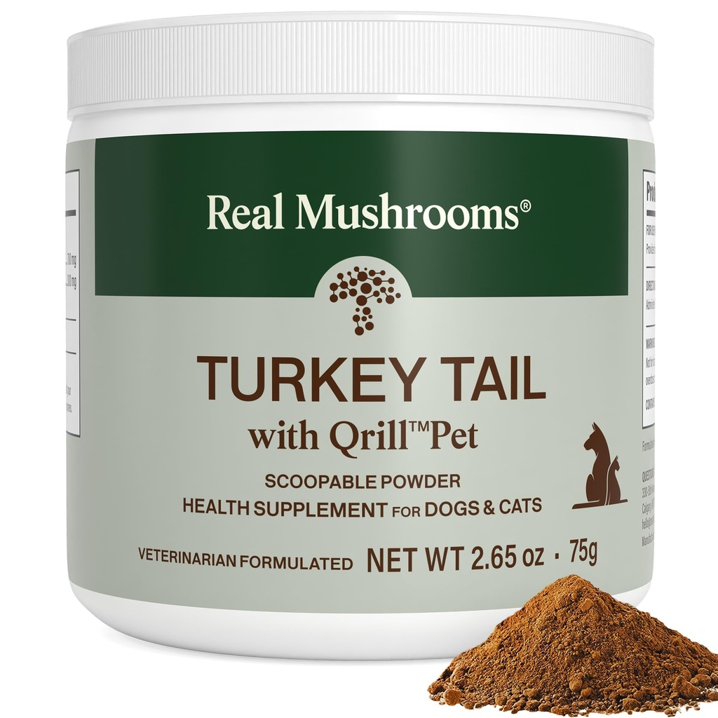 Real Mushrooms Turkey Tail with Qrill Pet - Turkey Tail Mushroom for Dogs with Krill Meal for Dogs and Cats - Beta-Glucan Rich Mushroom Extracts Immune & Gut Support for Puppies and Kittens, 75g