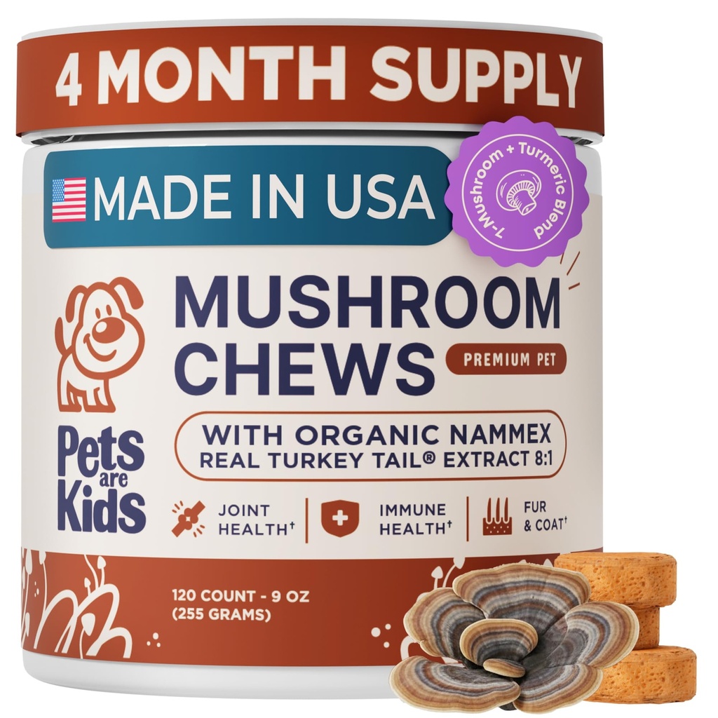 Pets are Kids Turkey Tail Mushroom for Dogs with Organic Real Turkey Tail™ - 8:1 Extract Mushroom Chews for Immune System Health, Gut, Skin & Joint Support - Reishi, Lion's Mane - 120 Chews