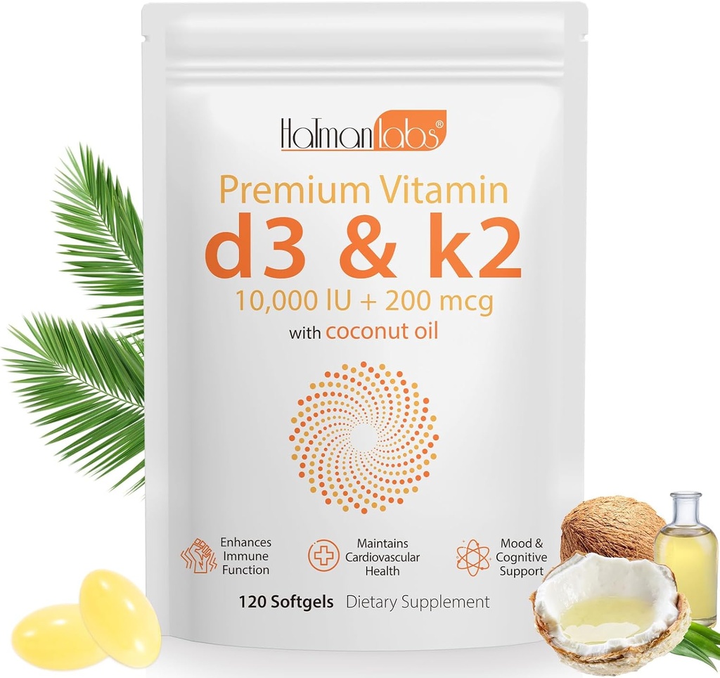 Βιταμίνη D3 K2 συμπλήρωμα Softgel,2-σε-1 μικρο συστατικά Βιταμίνη D3 10000 IU + 200 MCG βιταμίνης K2, Coconut Oil Softgels,χωρίς ΓΤΟ, συμπλήρωμα Softgel (120Pcs)