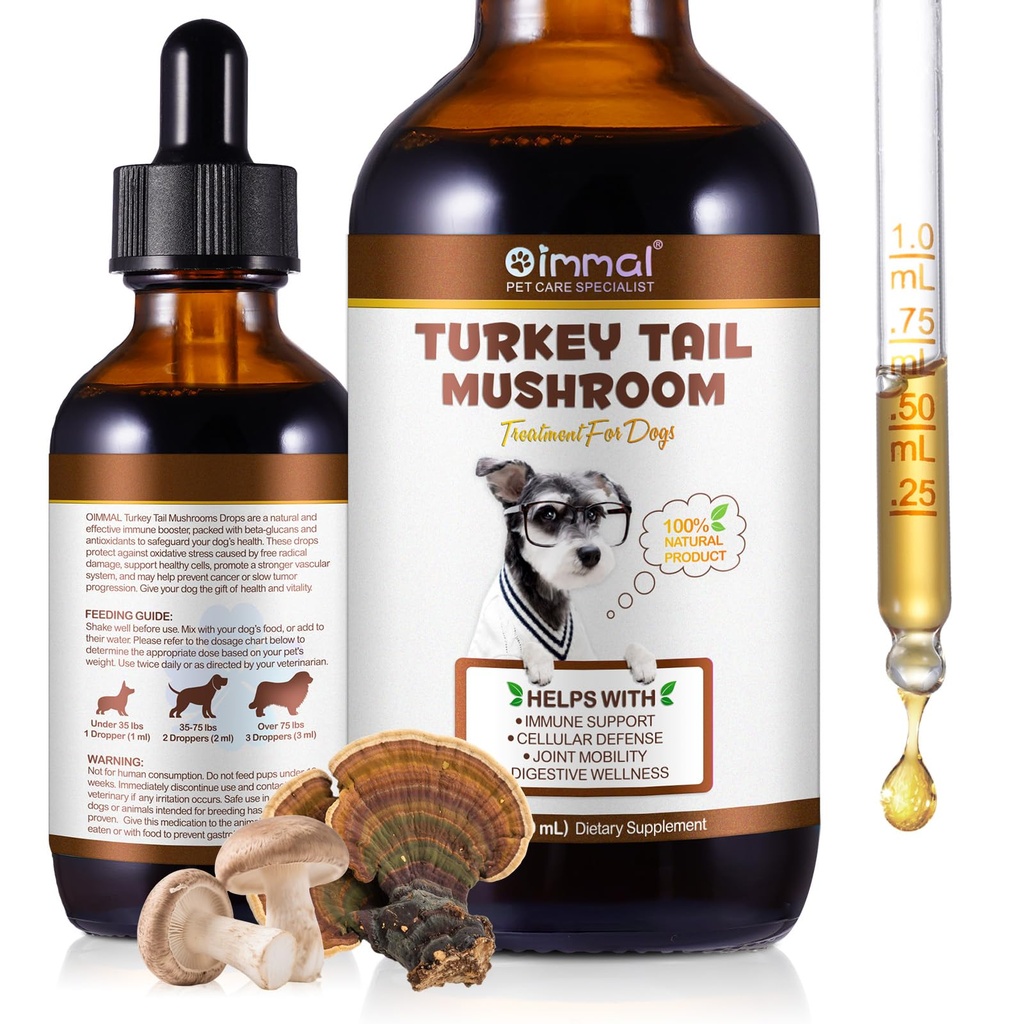 Turkey Tail Mushroom for Dogs, Natural Turkey Tail for Dogs Mushroom Supplement Support Immune & Digestive Health, Pet Liquid 5X Mushrooms with Turmeric & Probiotic - Vegan, Alcohol-Free, 60ml