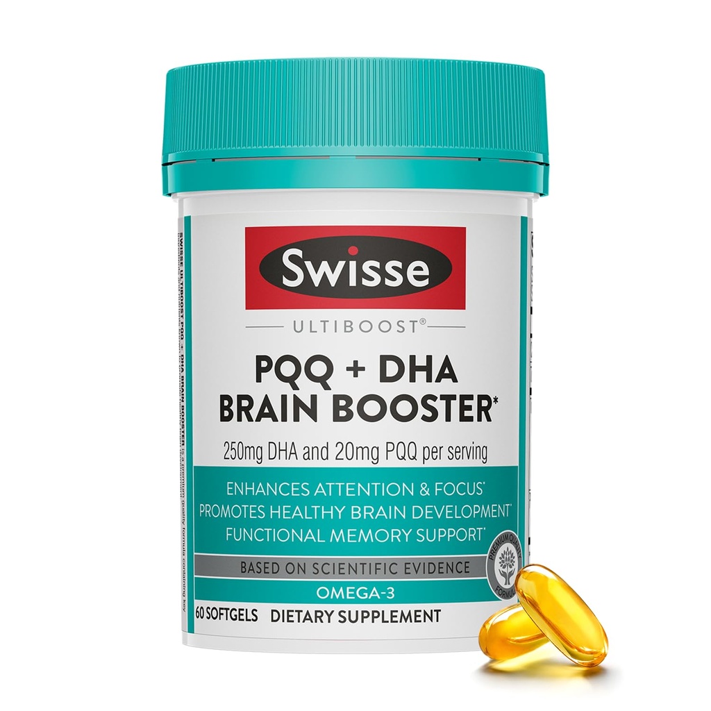 Swisse PQQ + DHA Brain Booster | Supports Brain & Heart Health | Enhances Attention & Focus | Functional Memory Support | Promotes Efficient Metabolism & Mitochondrial Health | 30 Softgels