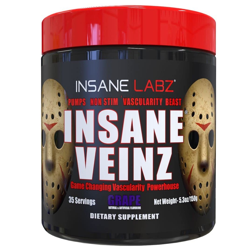 Insane Labz Insane Veinz Non Stimulant NO Enhancing Powder, Nitric Oxide Booster, Loaded with Agmatine Sulfate and Betaine Anhydrous, Increase Vascularity, 35 Srvgs, Grape