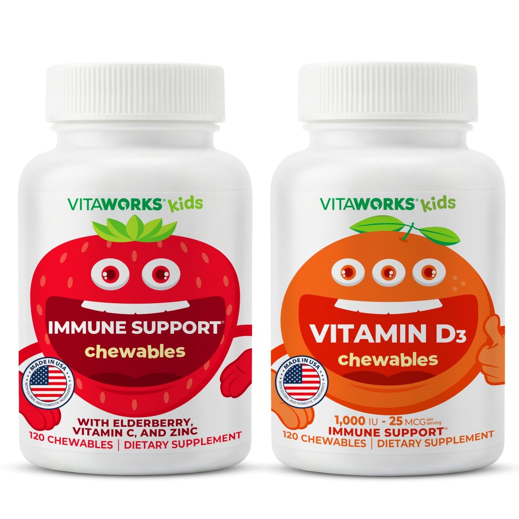 VitaWorks Kids Elderberry + Zinc + C Chewables + Vitamin D3 1000 IU Chewables Bundle